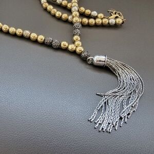 Lucky Brand Mixed Metal Beaded Tassel Necklace – Boho Luxe Gold & Silver Tone